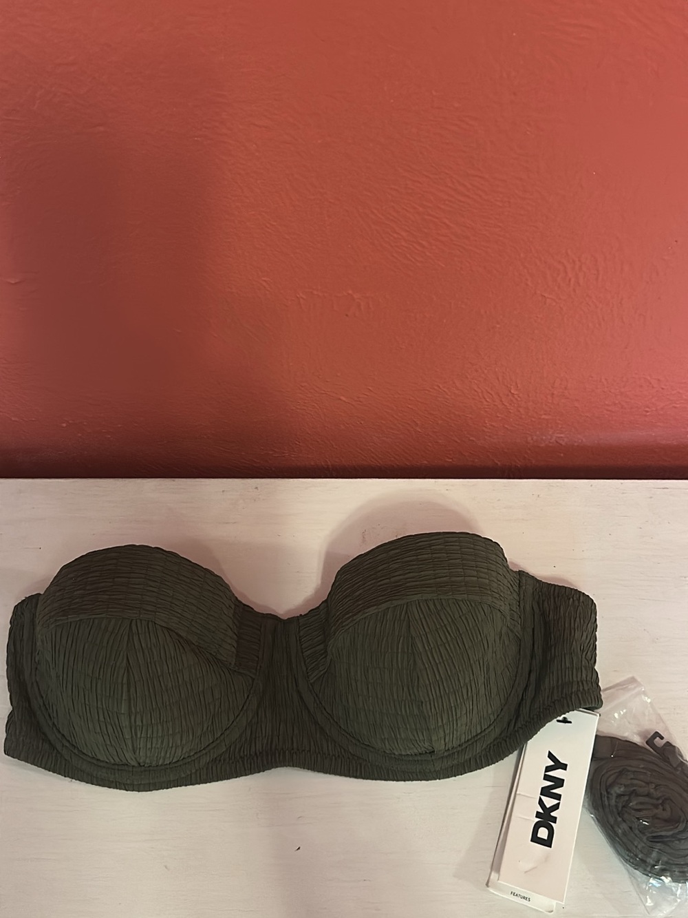 DKNY Olive Textured Strap/Strapless Bandeau Swim Top